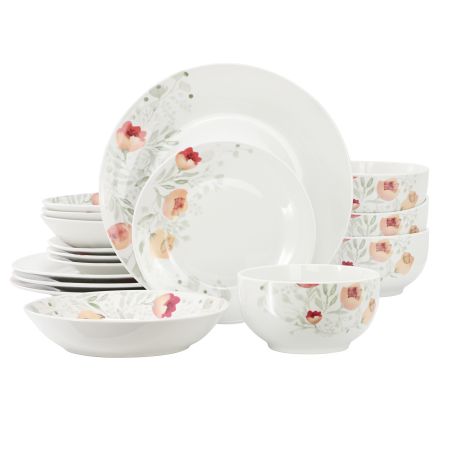 Elama Poppy 16 Piece Porcelain Double Bowl Dinnerware Set, Service for 4